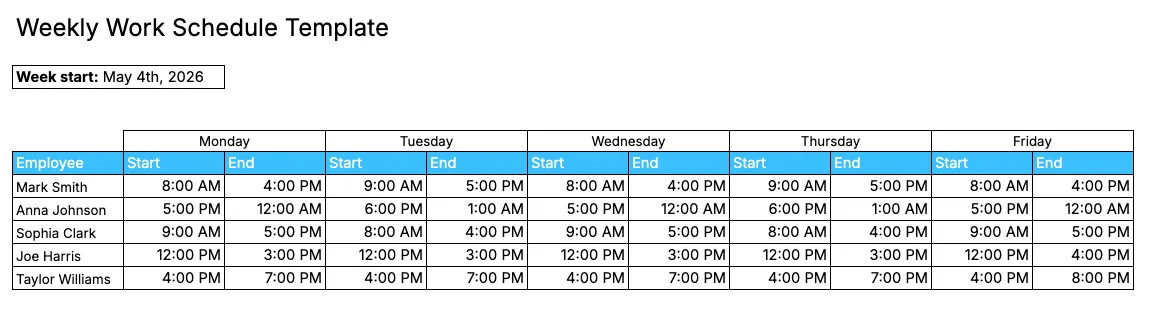 Simple work schedule example