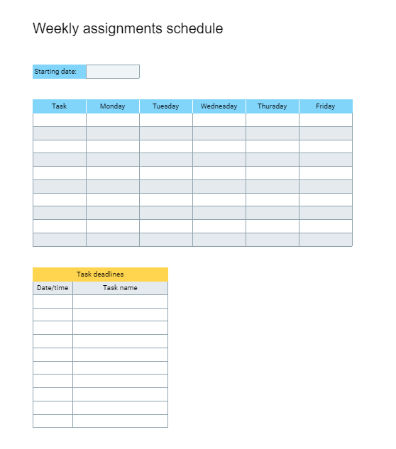 Weekly Assignments Schedule Template
