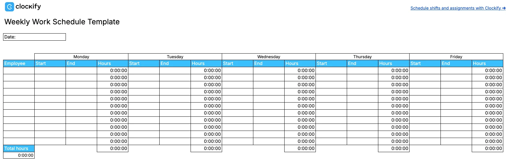 Weekly work schedule template