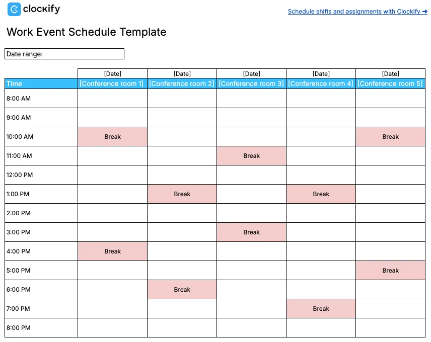 Work event schedule template