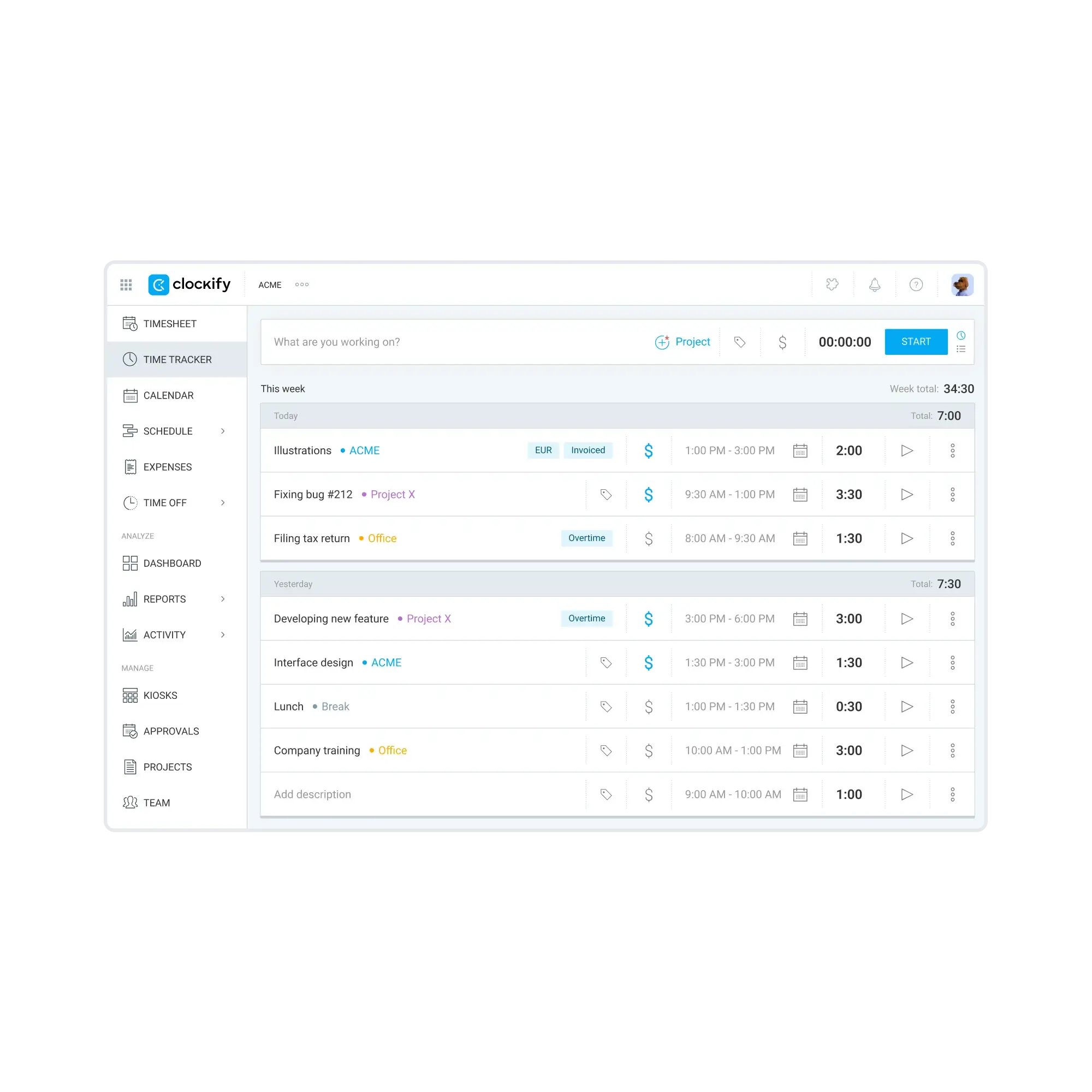 Clockify Free plan with up to 5 users