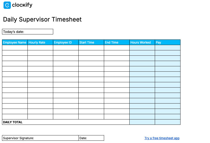 Daily supervisor timesheet