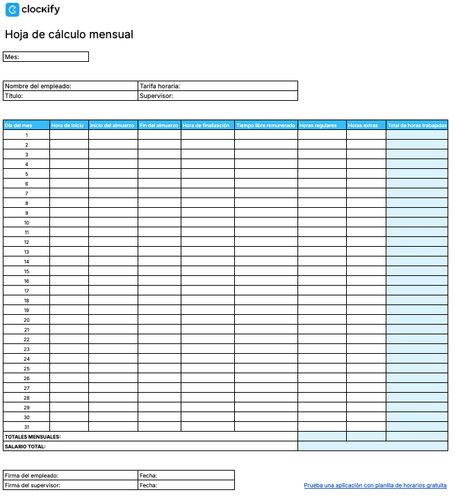 Planilla de horarios mensual