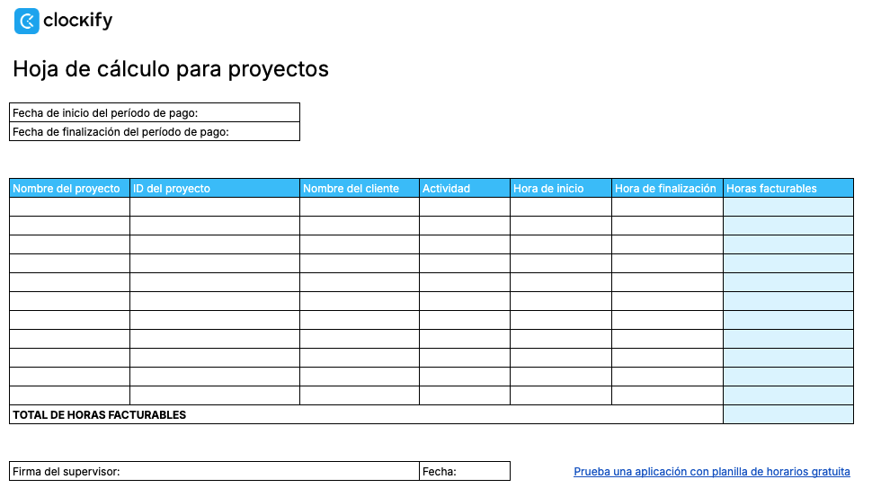 Planilla de horarios para proyectos