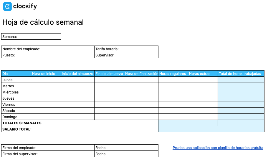 Planilla de horarios semanal