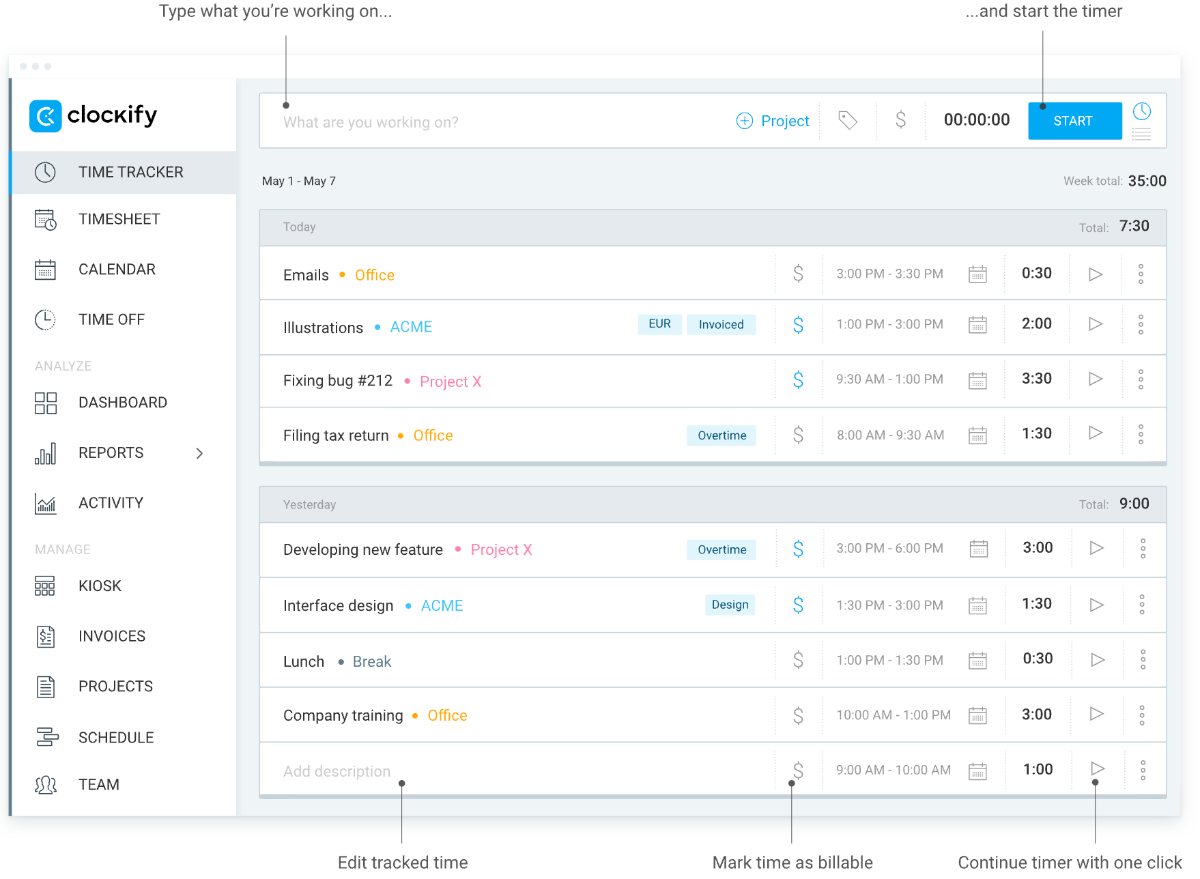 Clockify time tracker feature