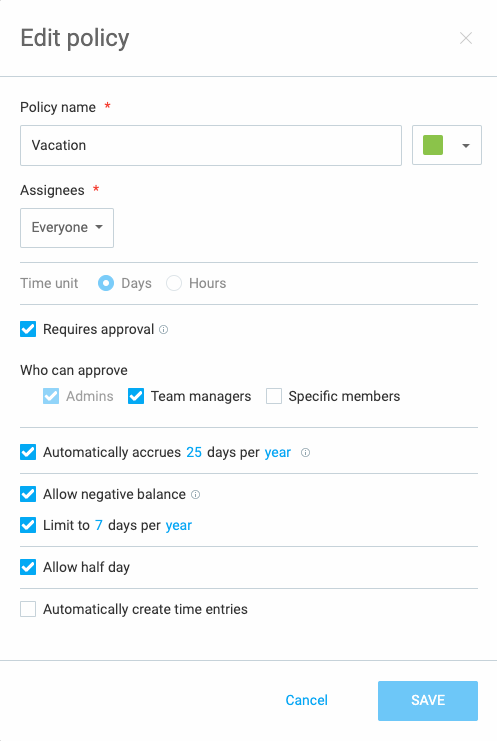Time off policies in Clockify