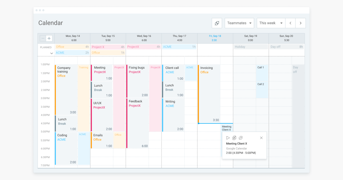 Calendário - Ferramentas Clockify