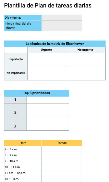 Plantilla de Plan de tareas diarias