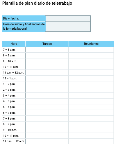 Plantilla de plan diario de teletrabajo