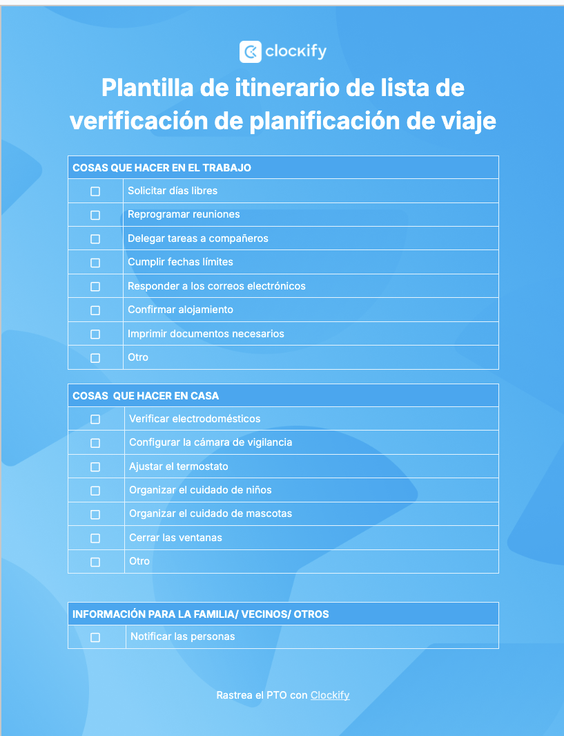 Plantilla de lista de verificación de planificación de viaje, captura de pantalla