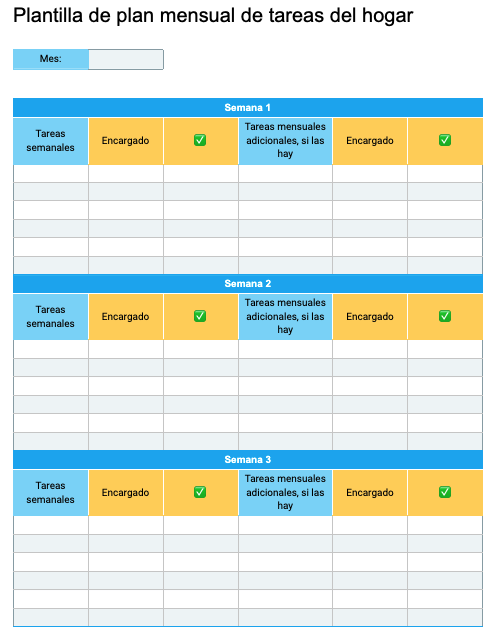 Plantilla de plan mensual de tareas del hogar