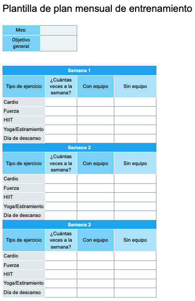 Plantilla de plan mensual de entrenamiento