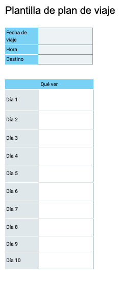 Plantilla de plan de viaje