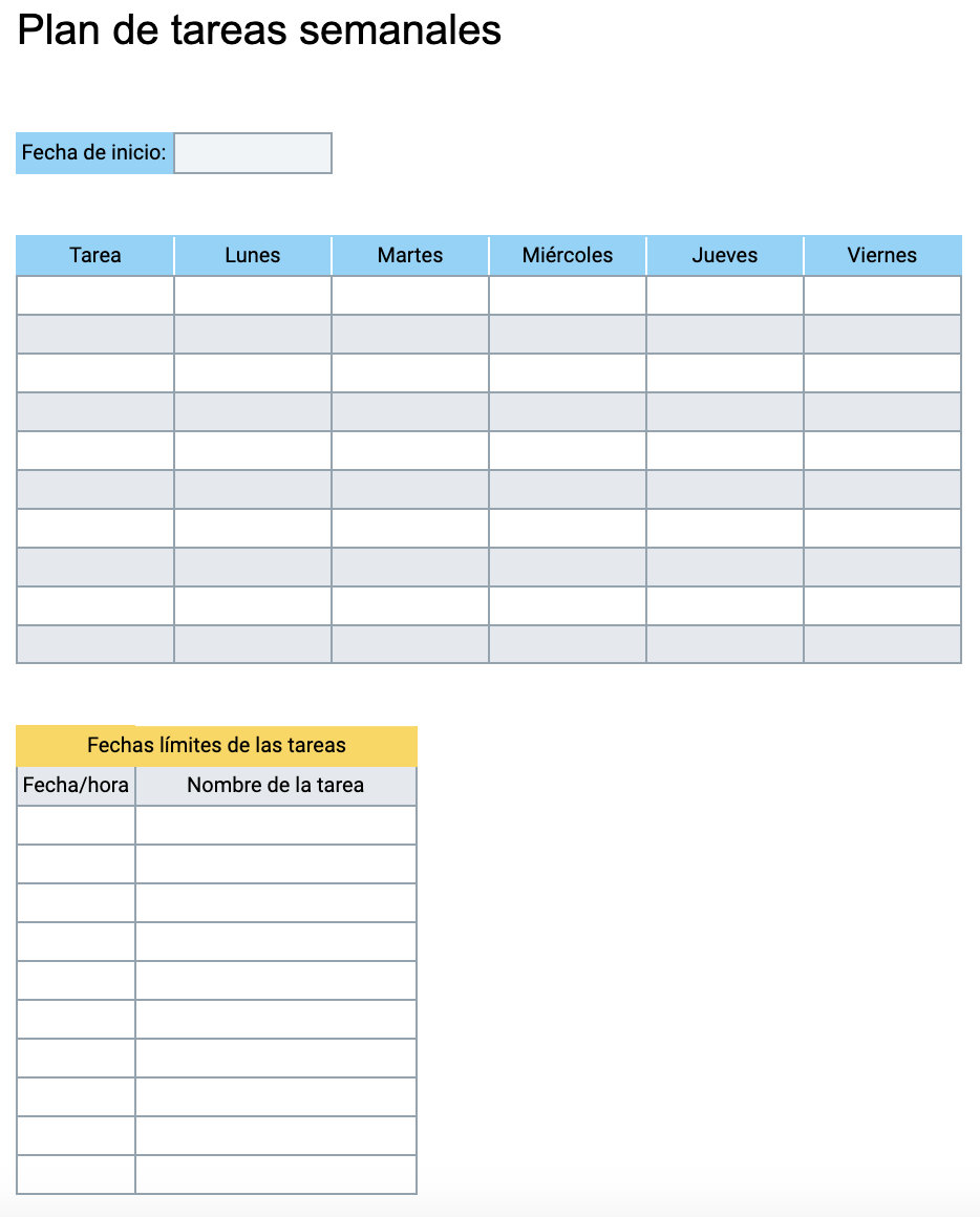 Plantilla de Plan de tareas semanales