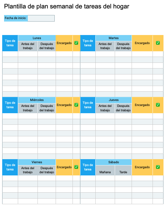 Plantilla de plan semanal de tareas del hogar