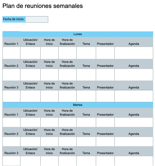 Plantilla de plan de reuniones semanales