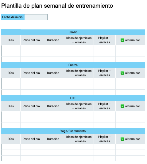 Plantilla de plan semanal de entrenamiento