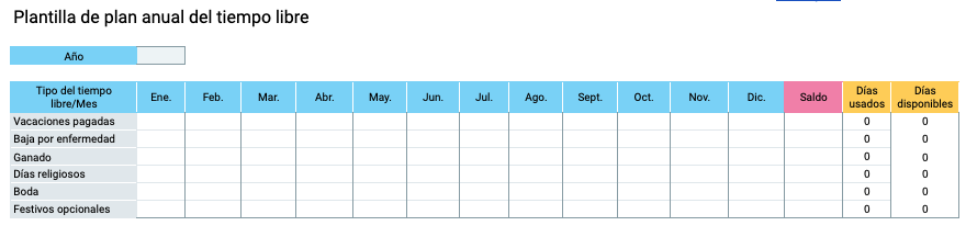 Plantilla de plan anual del tiempo libre