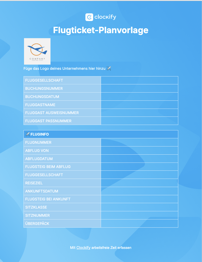 Flugticket-Planvorlage Screenshot