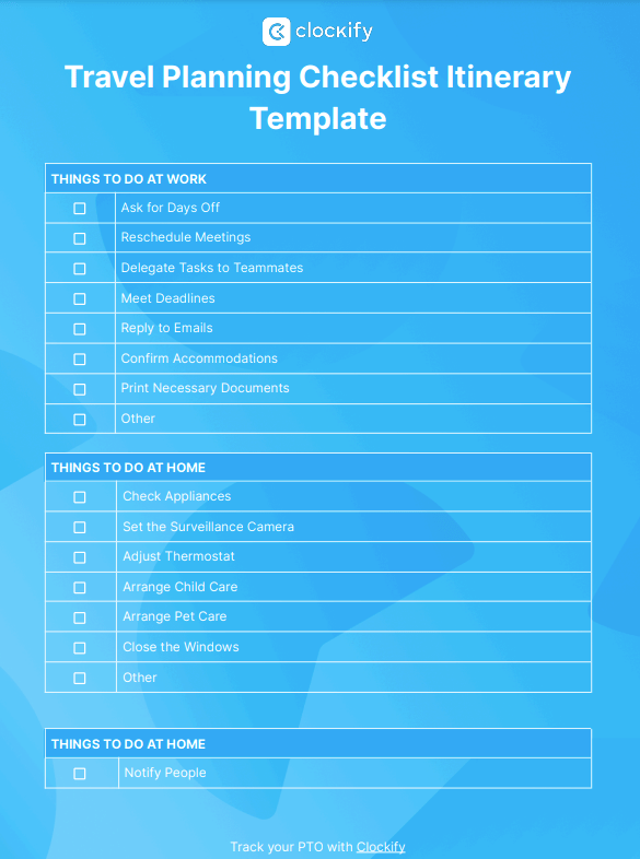 Travel planning checklist screenshot