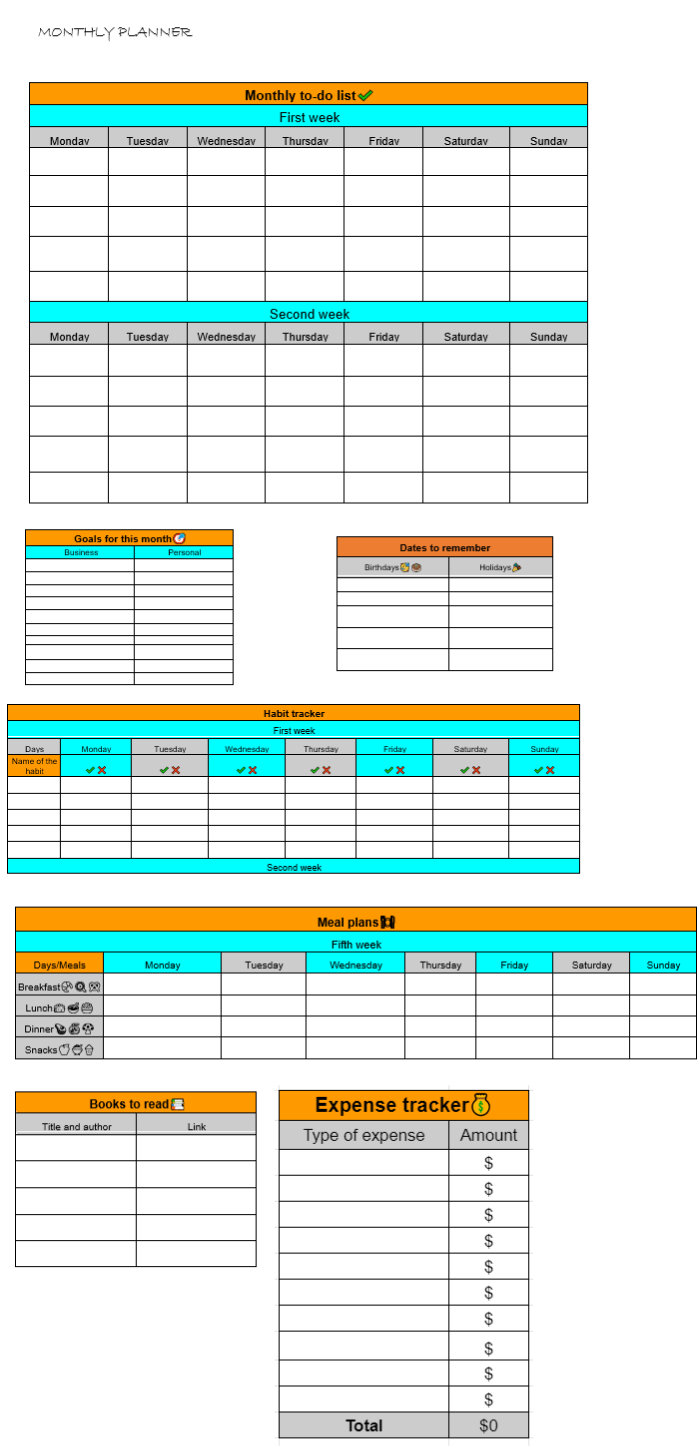 preview of Monthly Online Planner Template