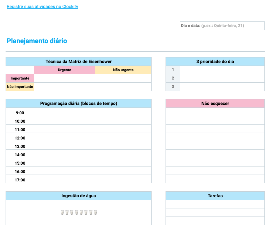 Visualização do modelo de planejador diário online