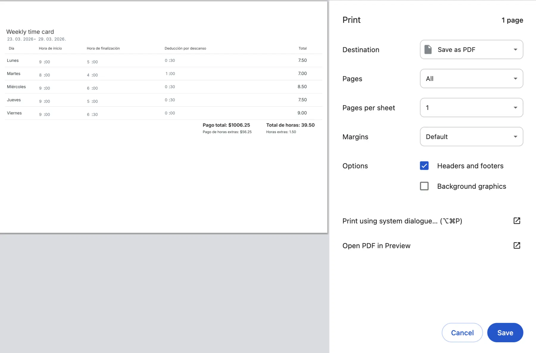 Guardar una tarjeta de tiempo como PDF