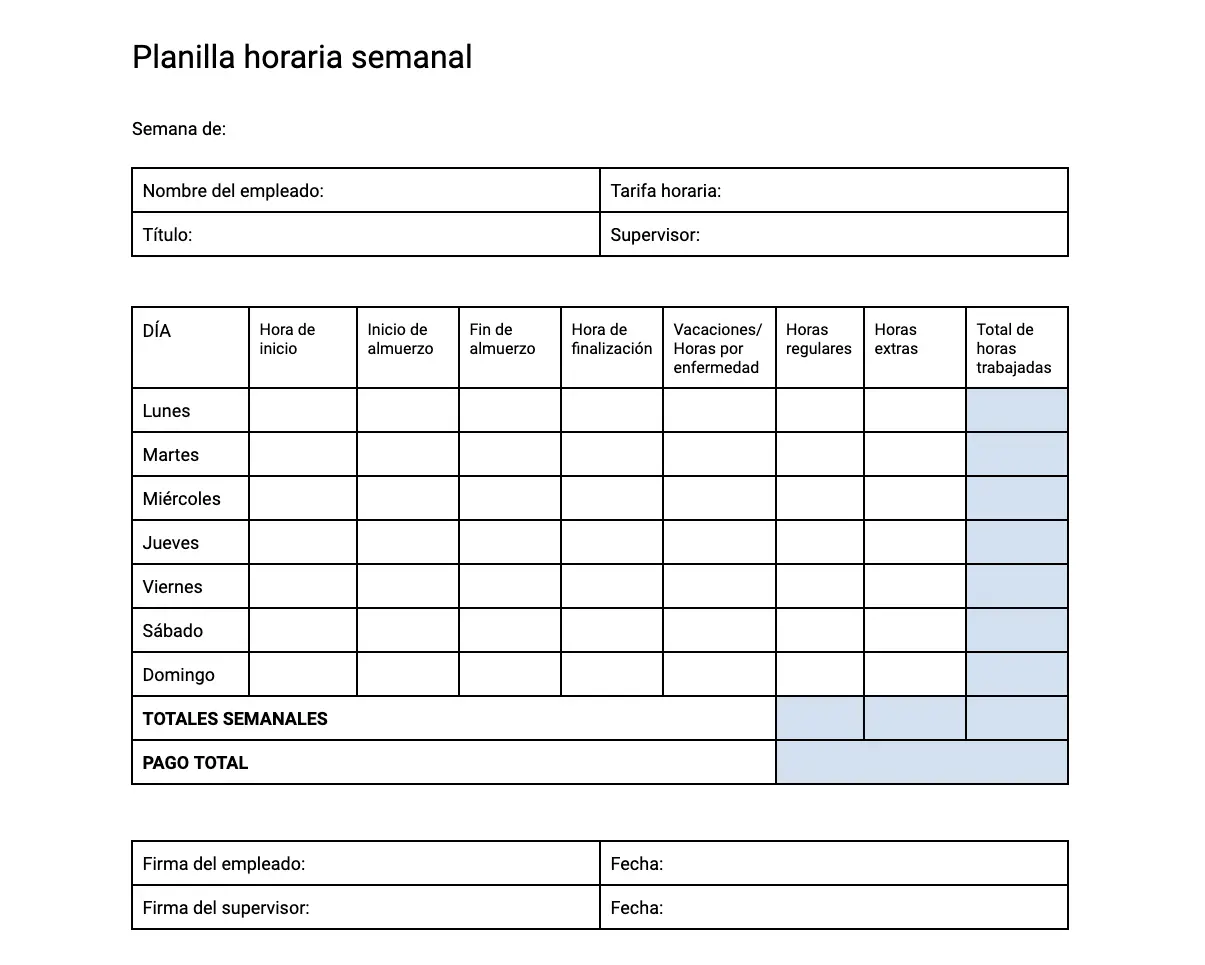 Plantilla de tarjeta de control horario imprimible