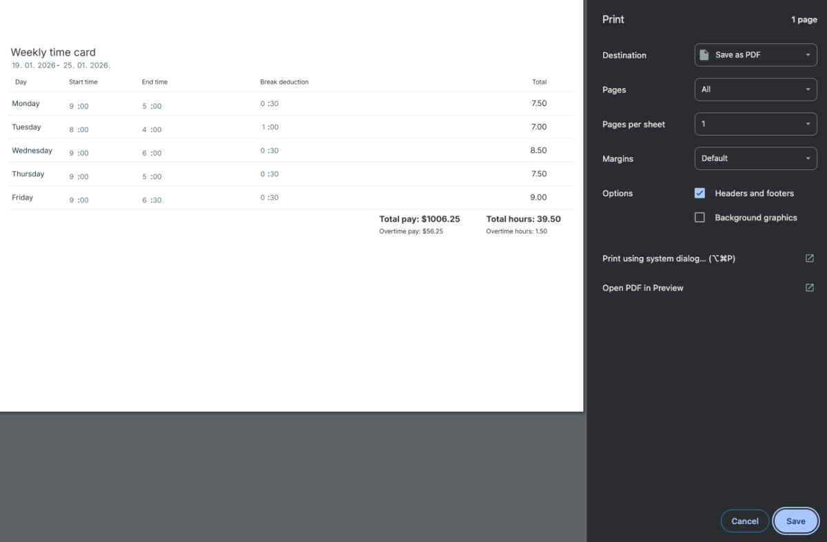 Saving a time card as a PDF