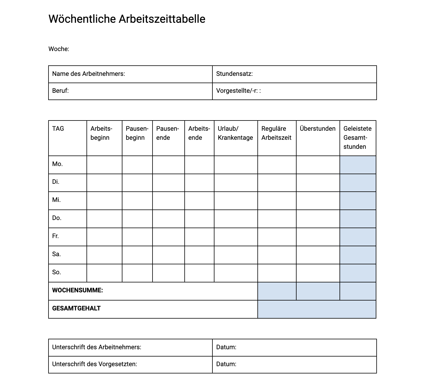 Wöchentliche Arbeitszeittabelle-Vorlage