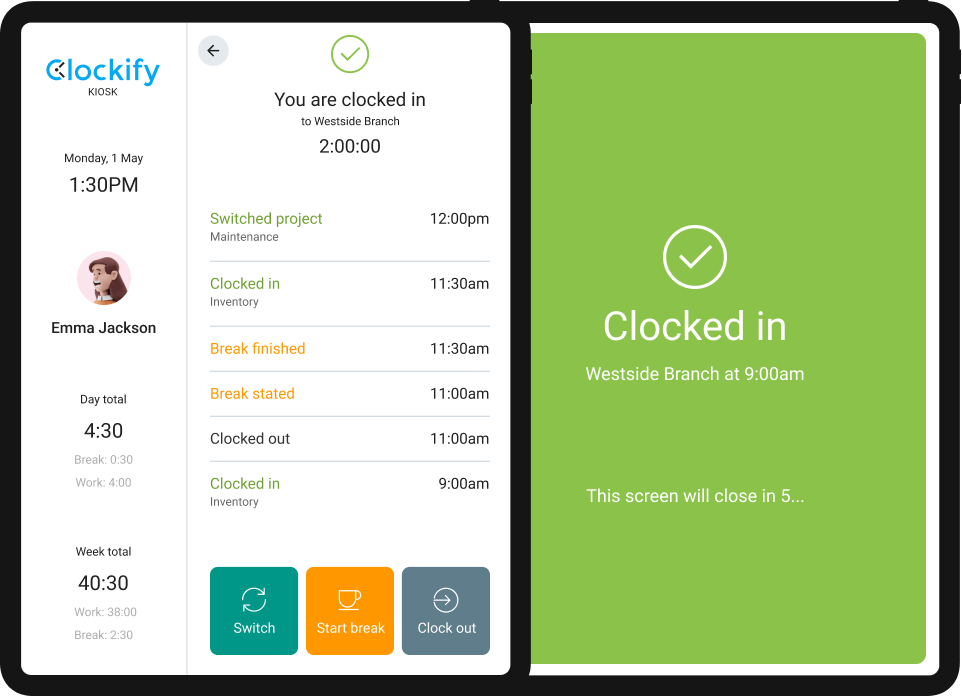 Time clock kiosk feature in Clockify (screenshot)