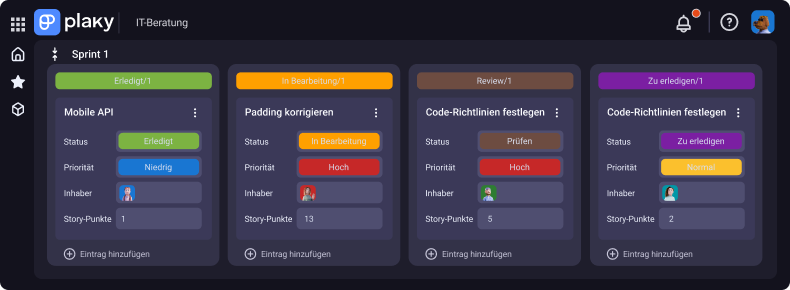 Kanban view in Plaky - project management software