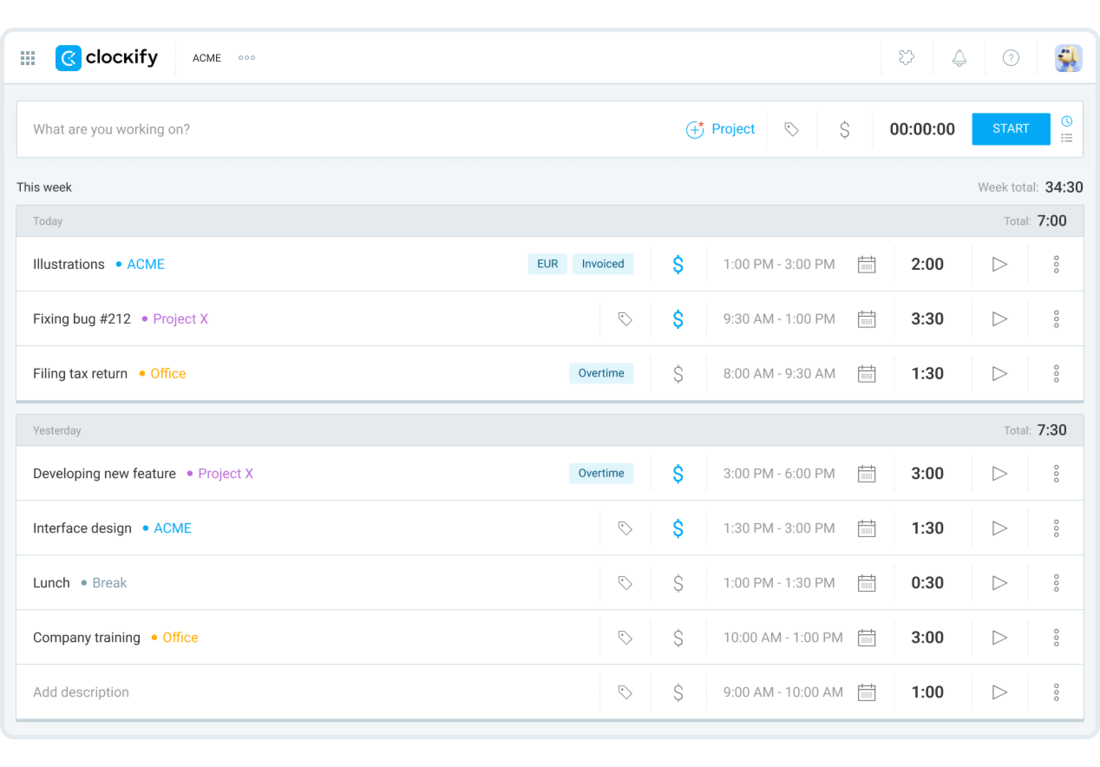 See all your tracked time in Clockify's timesheet
