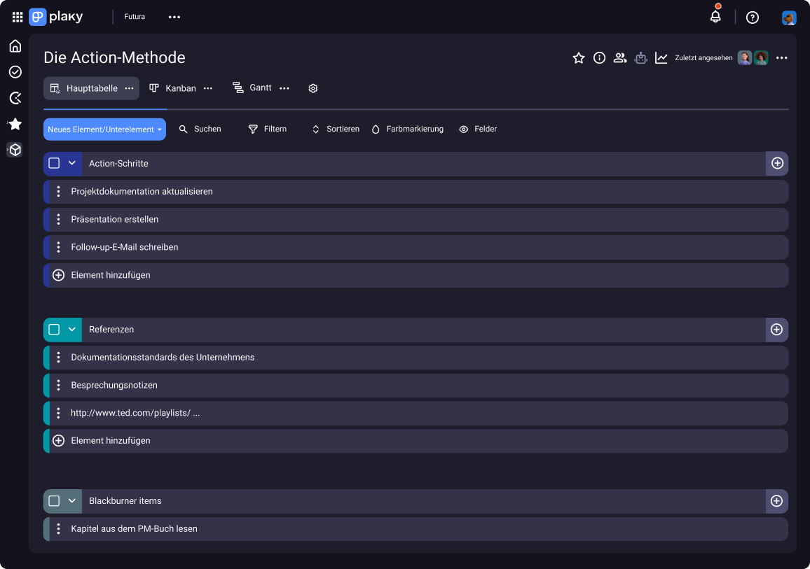 Action method presented in Plaky - project management software