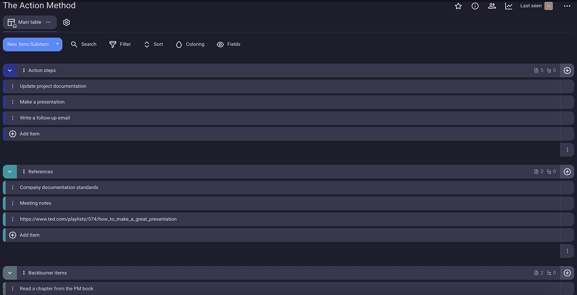 Action method presented in Plaky - project management software