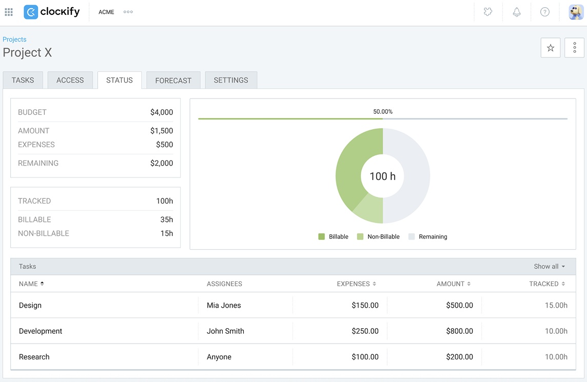 Tracking project progress in Clockify