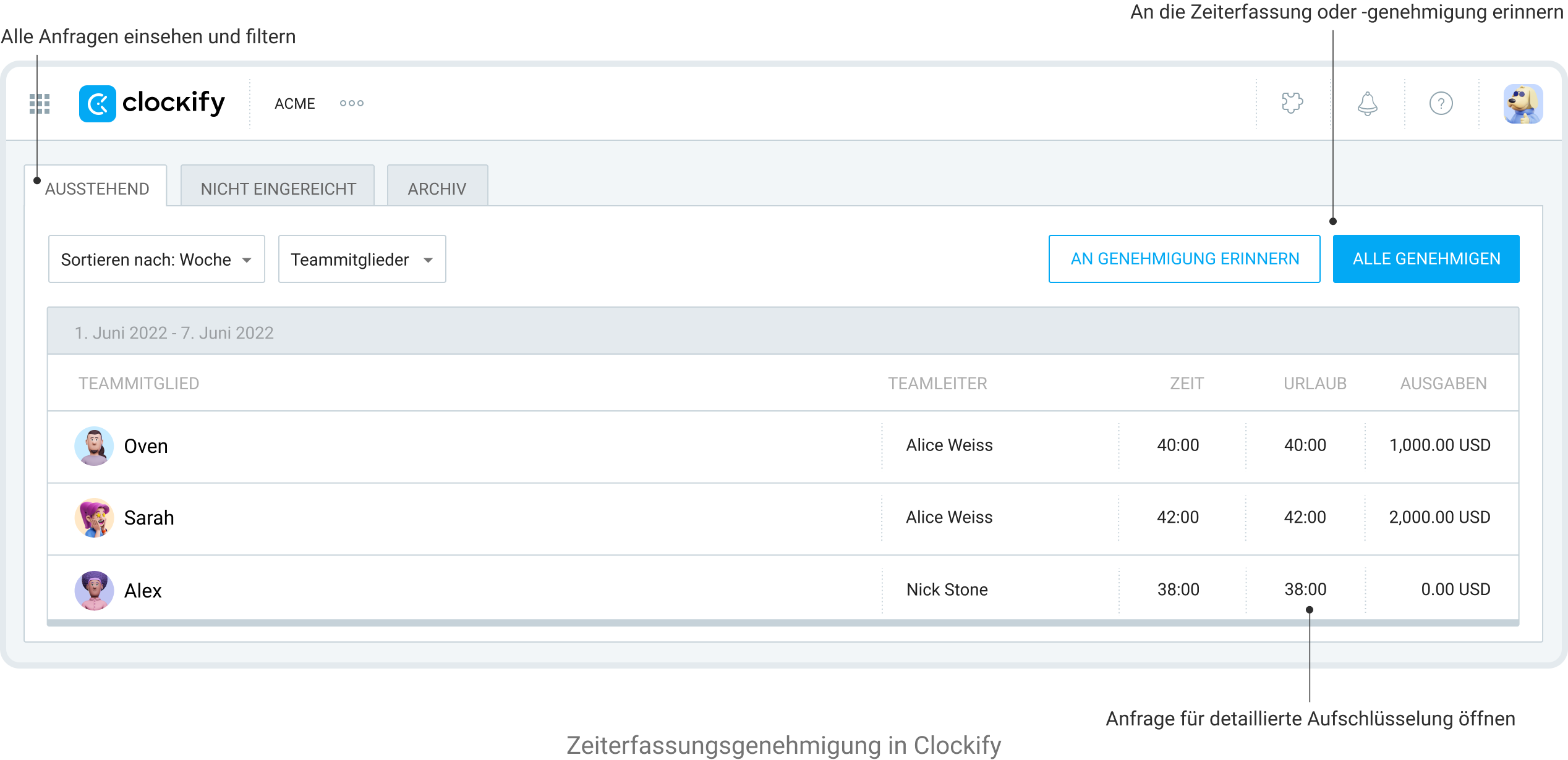 Timesheet approval in Clockify