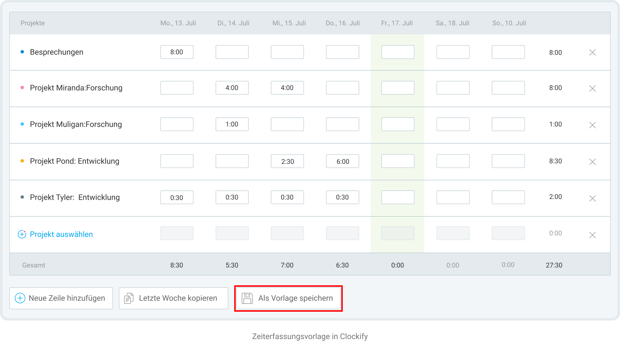 Timesheet template in Clockify