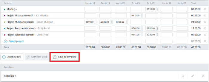 Timesheet template in Clockify