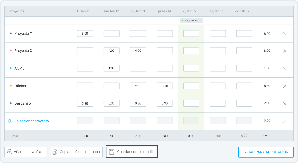 Plantilla de planilla de horarios en Clockify