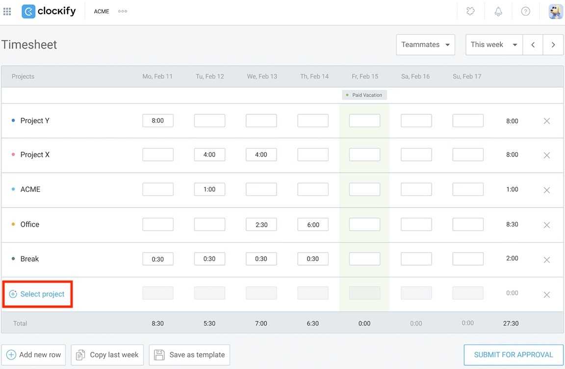 Clockify's timesheets