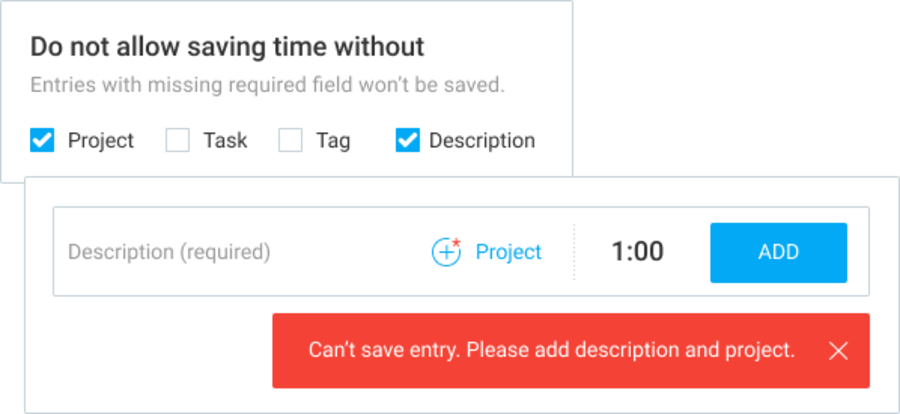 Clockify won't save time entries without required fields