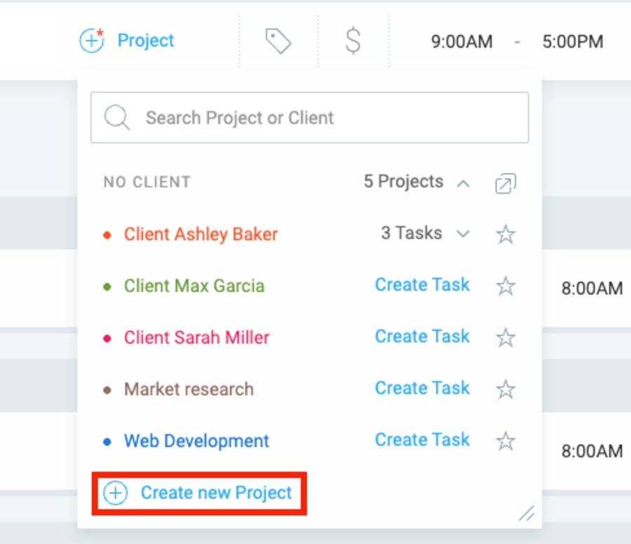 Instantly create projects and related tasks in Clockify
