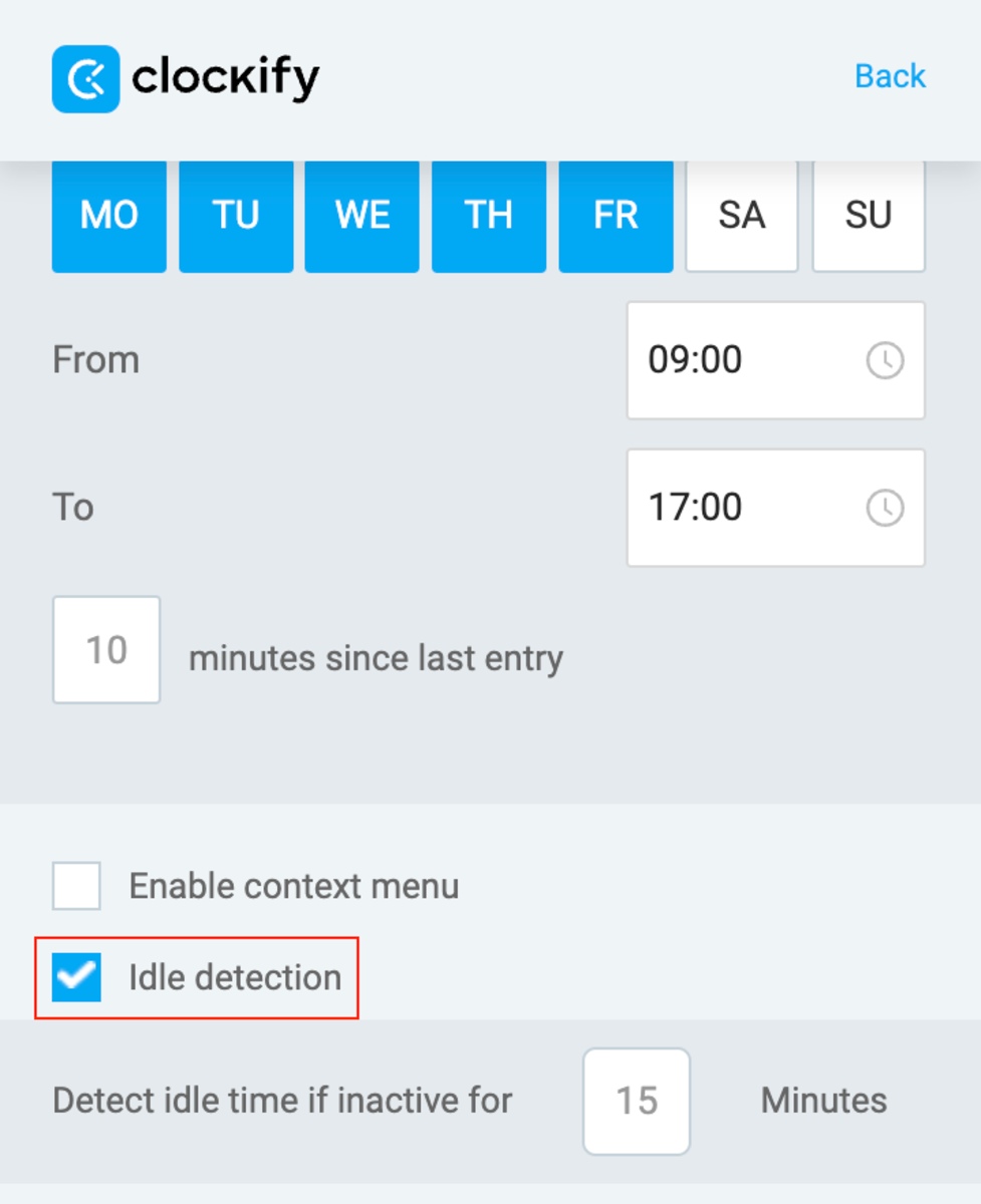 Set the inactivity limit, after which Clockify will count idle minutes