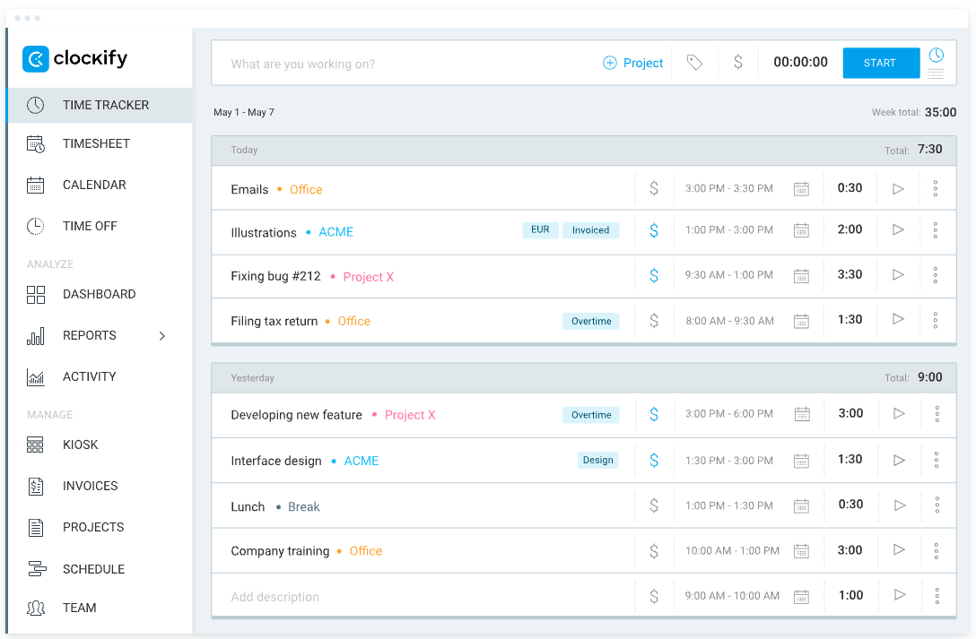 Tracking time on projects (colored) in Clockify
