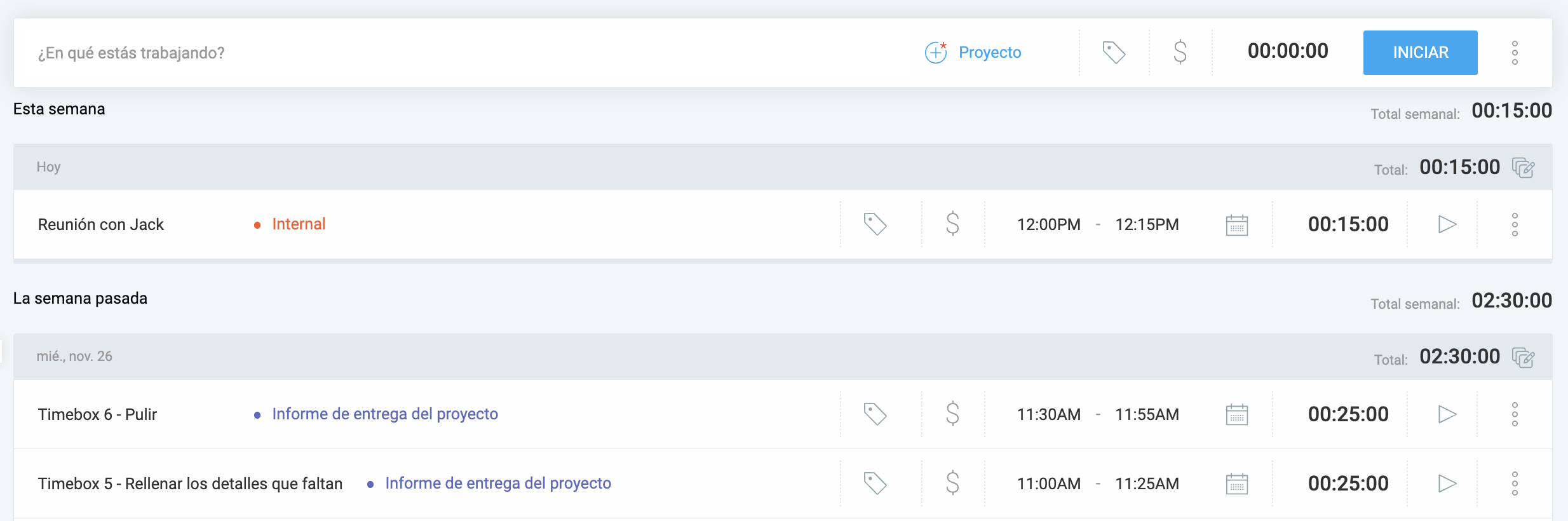 Ve todas tus cajas de tiempo en Clockify