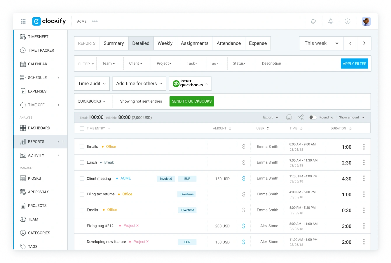 QuickBooks integration in Clockify