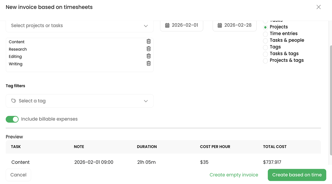 Creating an invoice based on time in TimeCamp
