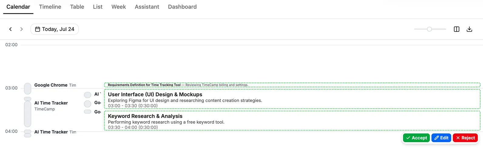 Reviewing entry suggestions in AI Time Tracker